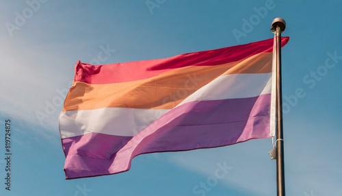 lesbian flag flutters against blue sky, lgbt pride month © Arthur