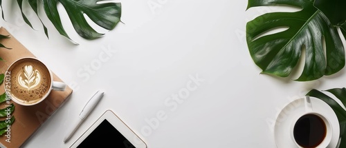 Clean white background with notepad, coffee, tablet, and green leaves