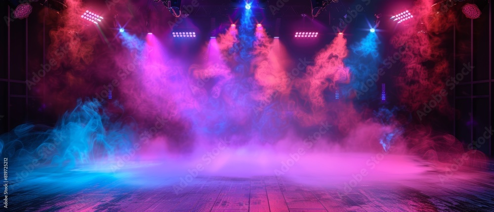 Fototapeta premium Contemporary stage with vibrant neon lighting and fog effects, ideal for modern performances
