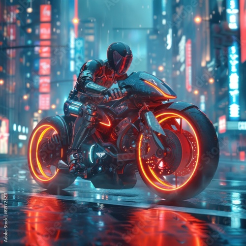 Armored Bodybuilder Racing through Futuristic Neon Metropolis © Sittichok