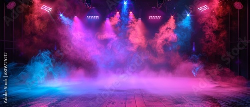 Contemporary stage with vibrant neon lighting and fog effects, ideal for modern performances