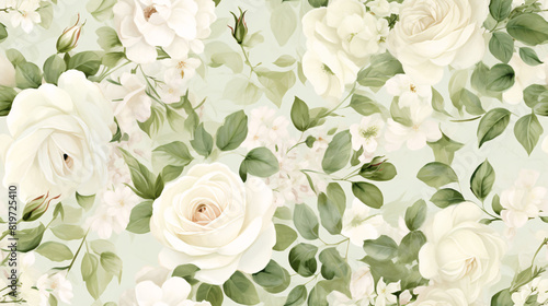 Fototapeta Naklejka Na Ścianę i Meble -  A seamless watercolor floral pattern featuring delicate white roses and lush green leaves arranged in a vintage luxury design with soft pastel backgrounds