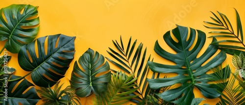 Dark green and bluishgreen tropical leaves arranged against a vivid yellow background, highlighting their diverse shapes and details photo