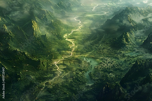 Summer landscape with a winding blue river, lush green forest, and a tropical island awaits exploration