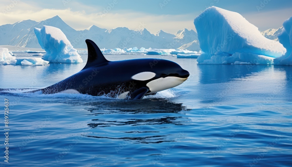 Obraz premium Groups of Orcas or killer whales swim and hunt for prey, the top of the food chain in a sea of ​​ice floes