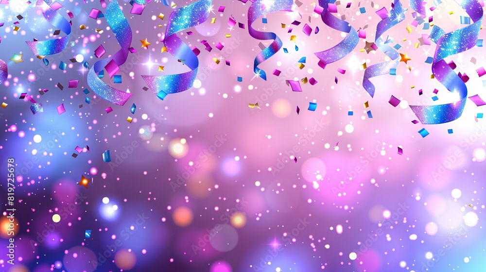   A vibrant scene with rainbow confetti and streamers against a gradient backdrop of purple and blue, with a soft, out-of-focus background