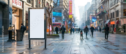 Empty advertisement display on a crowded shopping street