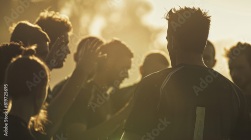 Silhouetted people against a golden backlight, capturing a candid moment of connection.