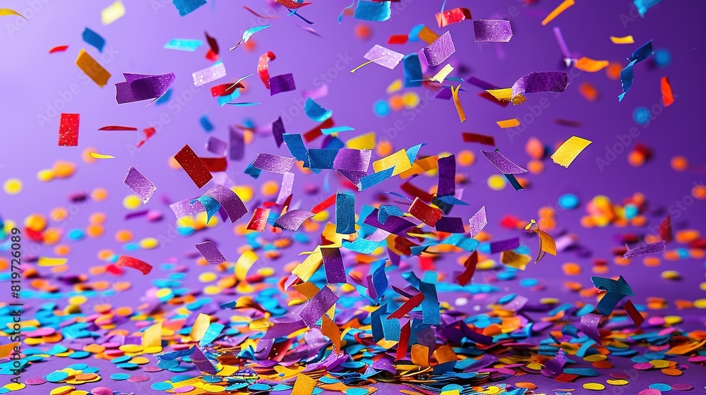   A Purple Background with Confetti and Streamers Flying