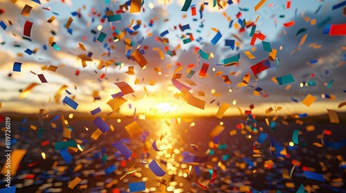  A group of colorful confetti soaring skyward against a vibrant sunset and cloudy backdrop photo