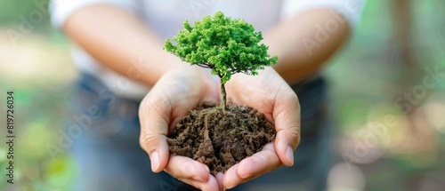 Focused view of hands holding a fresh tree with soil, representing the start of a new life cycle photo