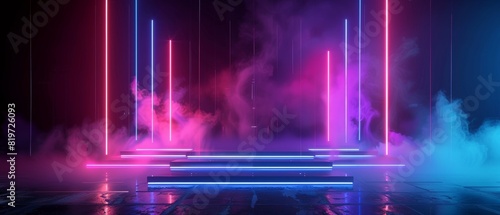 Futuristic stage design with neon lights and smoke, perfect for highenergy performances photo