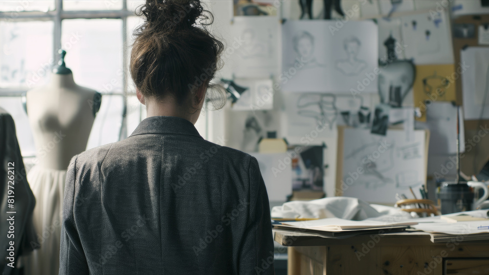 Artist lost in contemplation amidst studio sketches. Artist lost in contemplation amidst studio sketches.