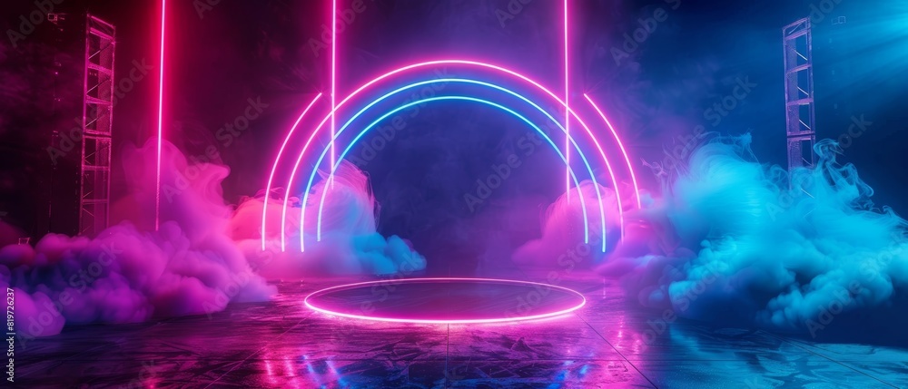 Obraz premium Futuristic stage with neon lights and swirling smoke, setting a dynamic tone for concerts