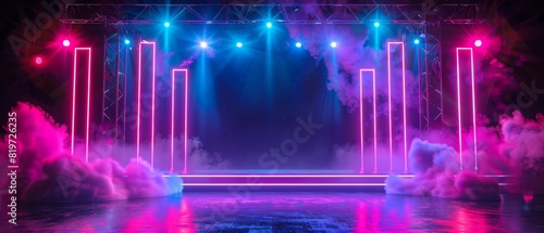 Futuristic stage with pulsating neon lights and atmospheric smoke, perfect for technologythemed presentations photo