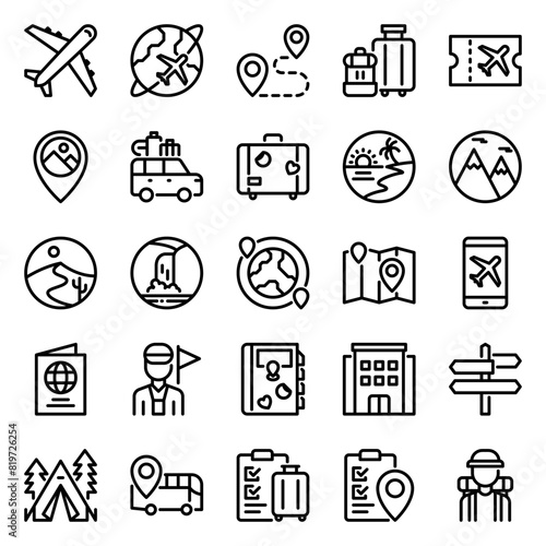 25 travel icons in line style including ticket, airplane, route, vacation, beach, mountain, hotel, etc.
