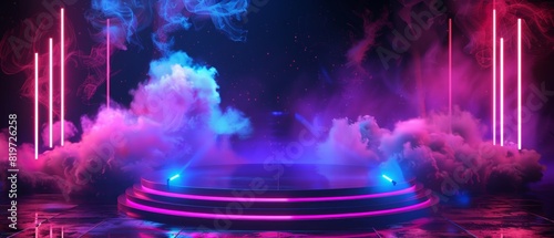 Futuristic stage with vibrant neon lighting and dramatic smoke, perfect for highenergy performances photo
