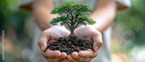 Hands holding a delicate tree with fertile soil, symbolizing new beginnings and nurturing