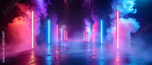 Highenergy stage design with neon lights and dramatic smoke effects  ideal for live performances