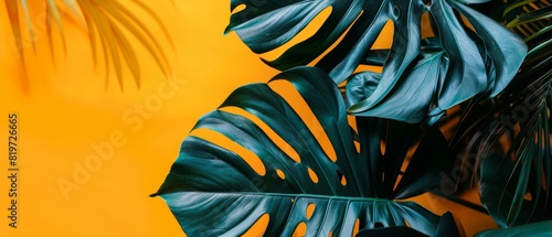 Large tropical leaves with clear details in dark and bluishgreen, set against a bright yellow background, creating a lively image photo
