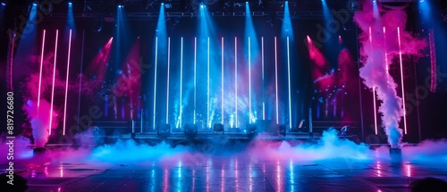 Innovative stage design with neon lights and atmospheric smoke, creating a modern ambiance