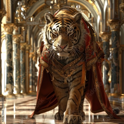 Tiger in Luxurious Chinese Clothing Roams through a Steampunk Palace Corridor