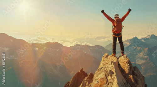 Adventurous climber exults on a mountaintop, embracing a glowing sunrise. photo