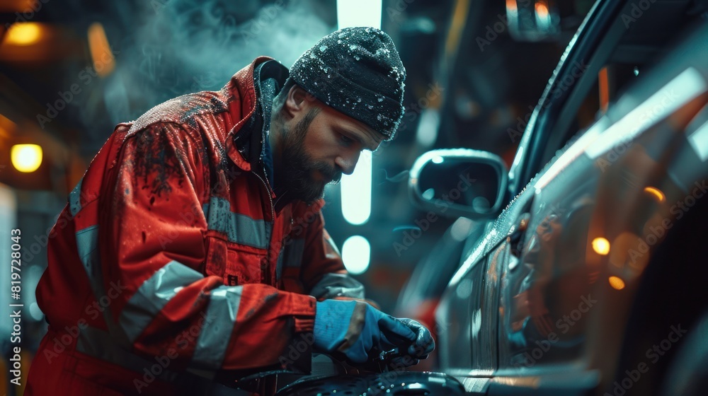 Auto Mechanic at Work in Garage - Focused auto mechanic in red uniform working on a car engine in a busy garage, showcasing precision and expertise in automotive repair. Auto Mechanic at Work in Garage - Focused auto mechanic in red uniform working on a car engine in a busy garage, showcasing precision and expertise in automotive repair.