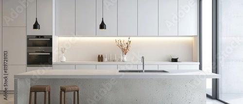 Minimalist kitchen island with clean lines and neutral colors photo