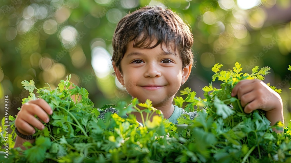 the child is picking cilantro. Selective focus the child is picking cilantro. Selective focus