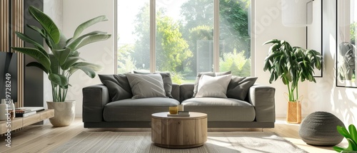 Minimalist living room featuring a gray sofa, a simple coffee table, and a large window with natural light, creating an open and airy feel