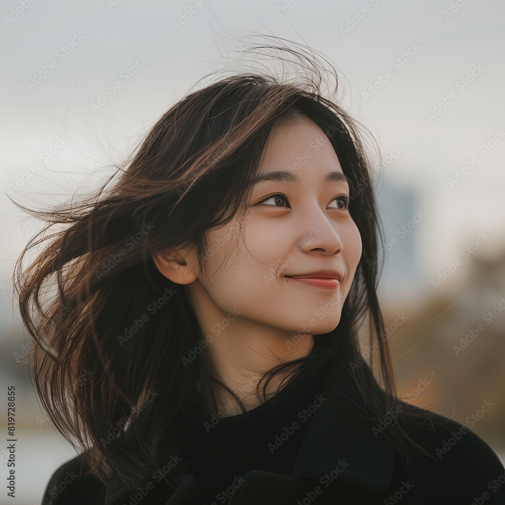 An Asian woman with her hair blowing in the wind is looking into the distance with a bright expression. An Asian woman with her hair blowing in the wind is looking into the distance with a bright expression.