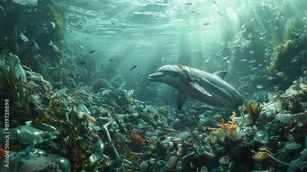 Fototapeta premium A dramatic representation of the environmental impact of plastic rubbish on marine life, both striking and haunting