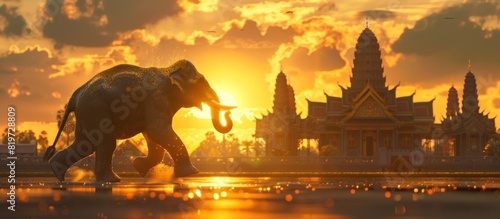 Elephant Mastering Muay Thai at Wat Phra Kaew Temple at Golden Hour in a Dreamy Watercolor photo