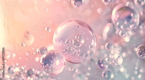Close-up of iridescent soap bubbles with reflections against a pastel pink and purple background, creating a dreamy and whimsical atmosphere
