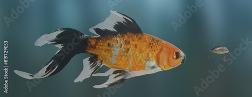 Pet goldfish rising toward the top of the aquarium photo