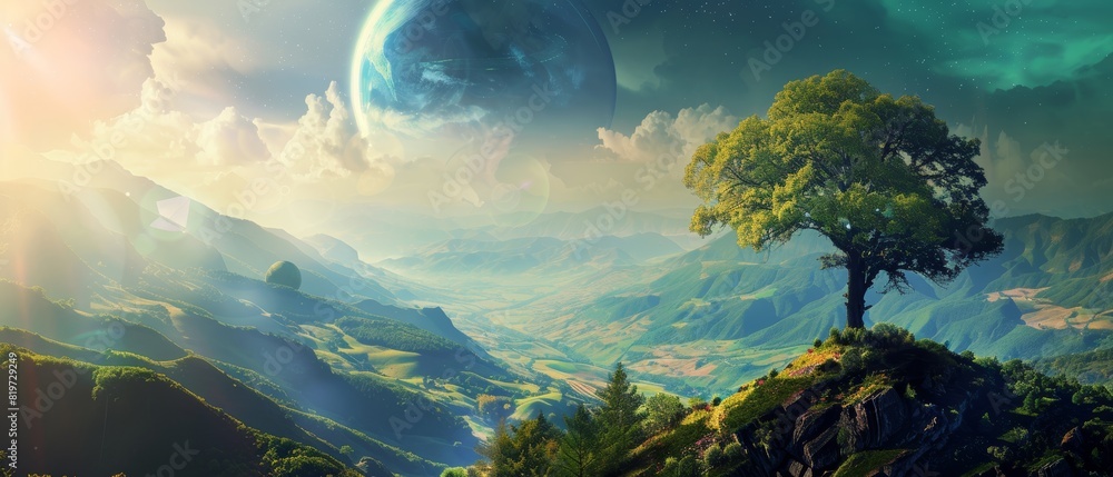 Mountaintop tree bathed in sunlight, overlooking green valleys and hills, with a large planet in the sky, blending fantasy with science Mountaintop tree bathed in sunlight, overlooking green valleys and hills, with a large planet in the sky, blending fantasy with science