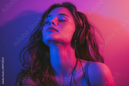 A young woman in a relaxed pose with headphones taking a break from her music session with a cool purple background