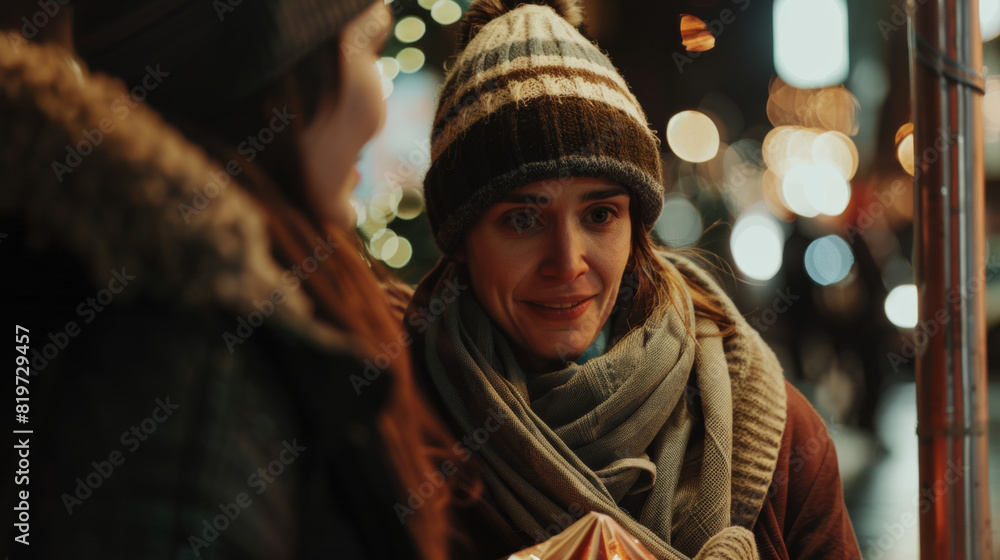 Two friends share a warm conversation amidst the charming city night lights. Two friends share a warm conversation amidst the charming city night lights.