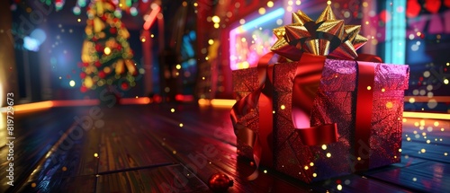 Neonthemed gift box with bright wrapping paper, red and gold sparkling ribbon, and large bow, standing out in a dimly lit setting photo