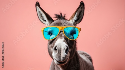 Funny donkey wearing yellow sunglasses on pink background