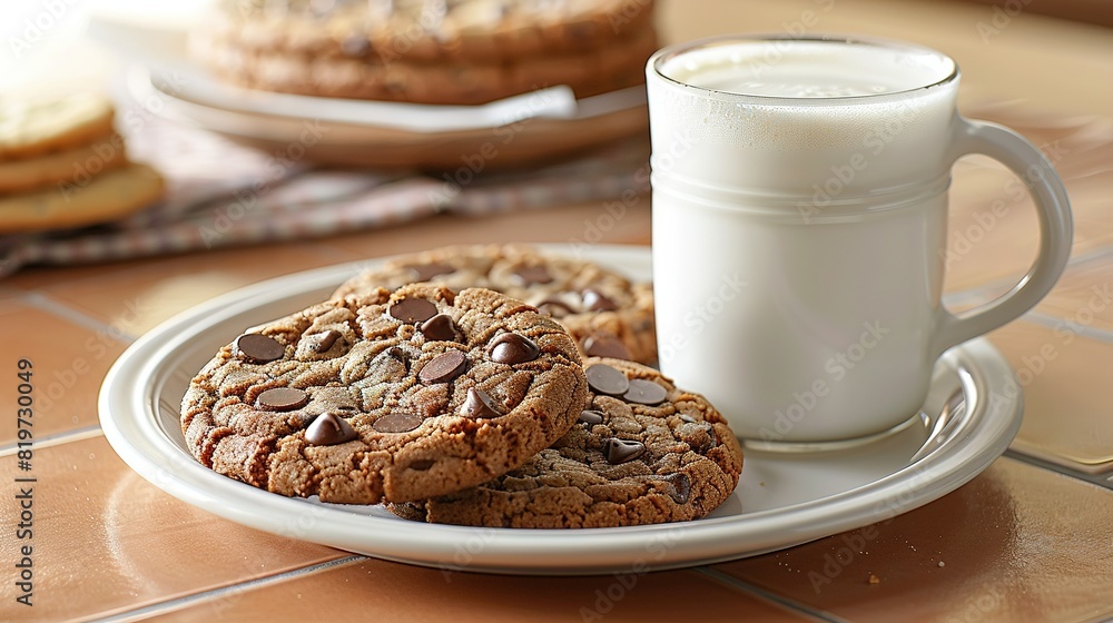 A plate of chocolate chip cookies and a glass of milk sit on a tile countertop with another plate of cookies and a glass of milk nearby A plate of chocolate chip cookies and a glass of milk sit on a tile countertop with another plate of cookies and a glass of milk nearby
