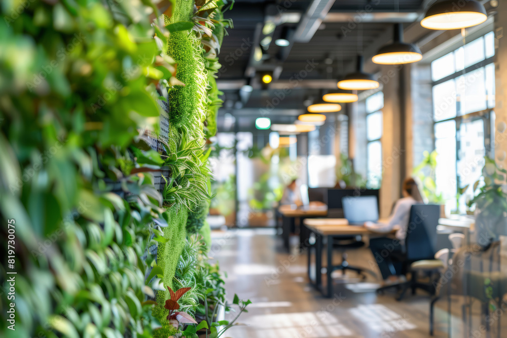 Obraz premium Green office interior with green plants, vertical garden walls and panoramic windows. Modern open space, an eco-friendly business concept design for a sustainable work environment.