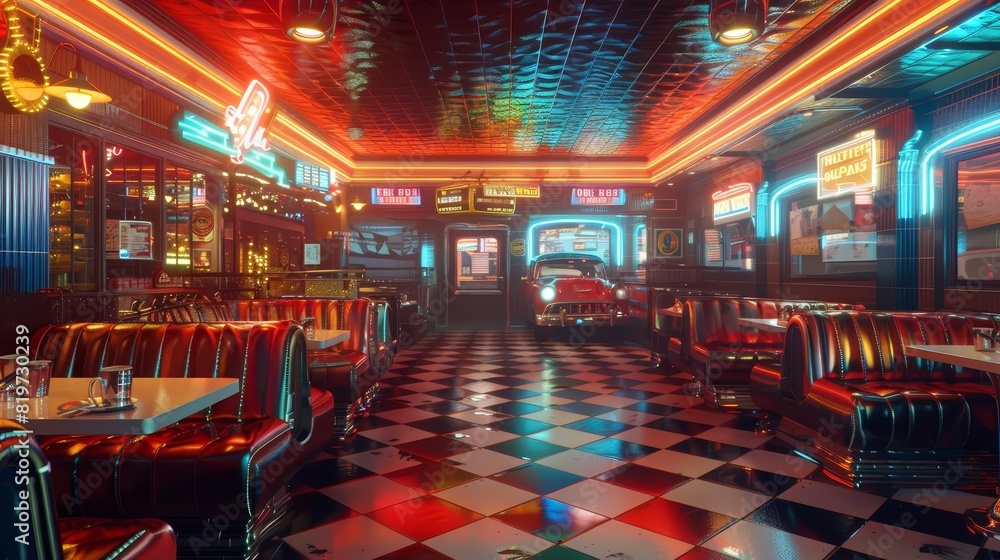 A nostalgic diner scene, set in the 1950s, complete with neon lights and classic cars, inviting and colorful A nostalgic diner scene, set in the 1950s, complete with neon lights and classic cars, inviting and colorful