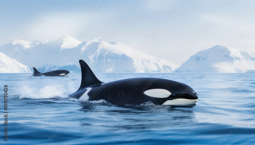 Fototapeta premium Groups of Orcas or killer whales swim and hunt for prey, the top of the food chain in a sea of ​​ice floes