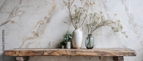 Solid wood table with unique patterns, adorned with three vases one with dried flowers, one with green plants, and one empty, against a marblepatterned wall with natural light photo