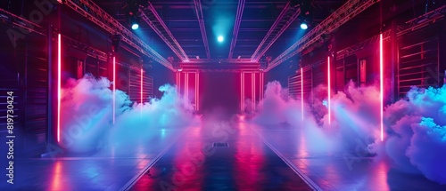 Stage featuring neon lights and dynamic smoke effects  setting a futuristic ambiance