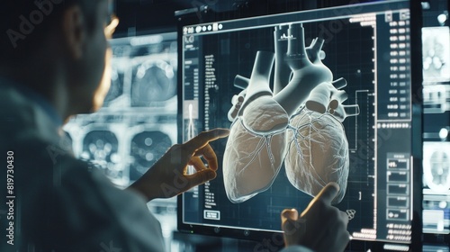 Radiologists work to diagnose and treat human heart disease virtually on a modern screen interface. photo
