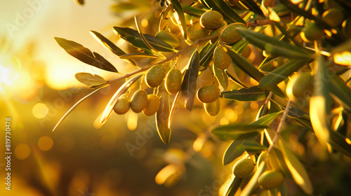 A beautiful olive tree branch with green olives against blurred nature background at sunset