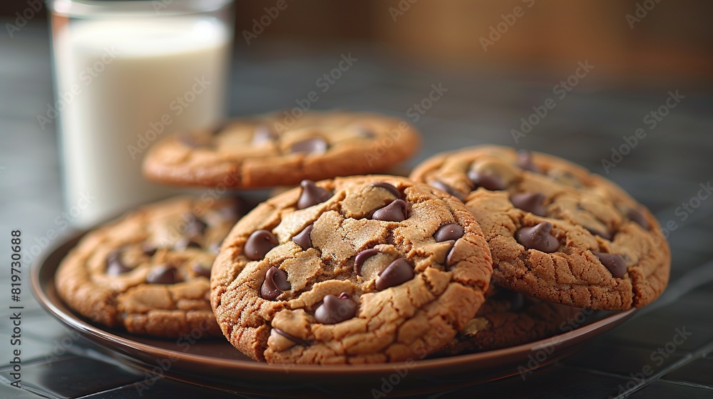 A plate of chocolate chip cookies beside a glass of milk on a tiled countertop next to a glass of milk A plate of chocolate chip cookies beside a glass of milk on a tiled countertop next to a glass of milk